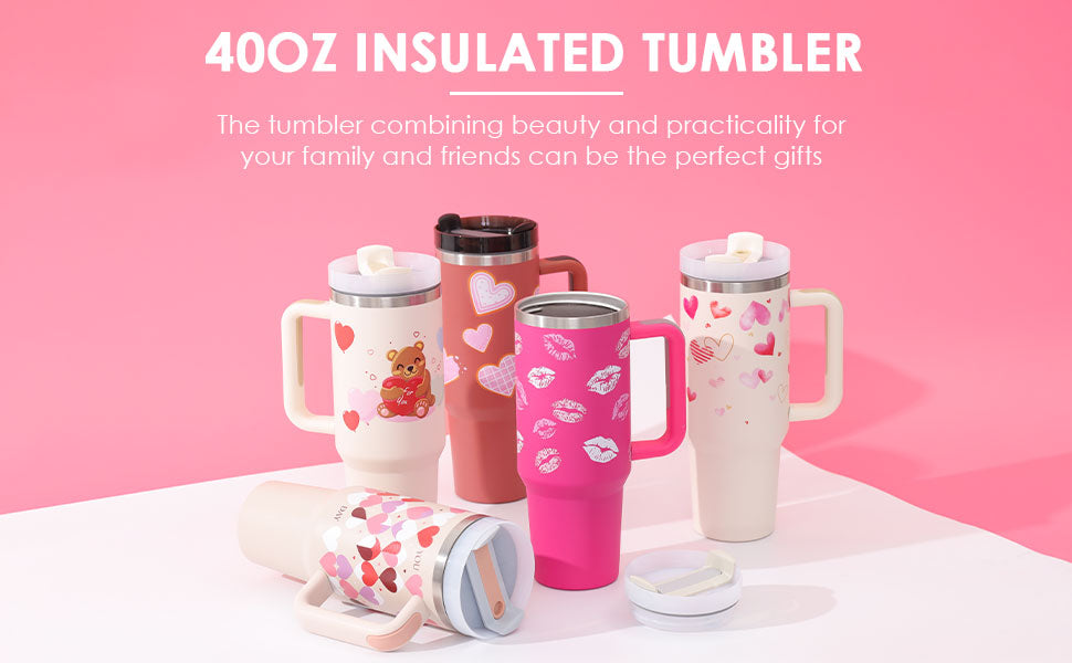 40 Oz Tumbler With Handle Straw Insulatedered Mug Gifts For Valentine Lover Suitable For Car Gym Office Travel